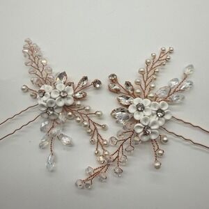 Bridal Flower Hair Pins Rose Gold Wedding Crystal Pearl Floral Hair Clips Set 2